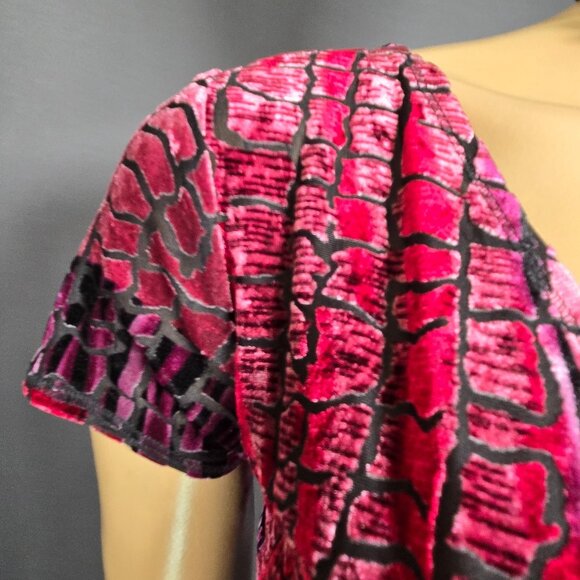 Y2K Snake Print Flocked Velvet Burnout Top Size M Pink Burgundy V Neck - Picture 4 of 14